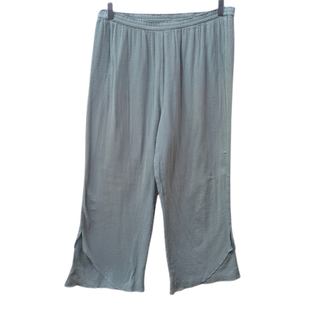 Soft Surroundings Sage Green Wide Leg Flowy Textured Pull On Cotton Pants (L)